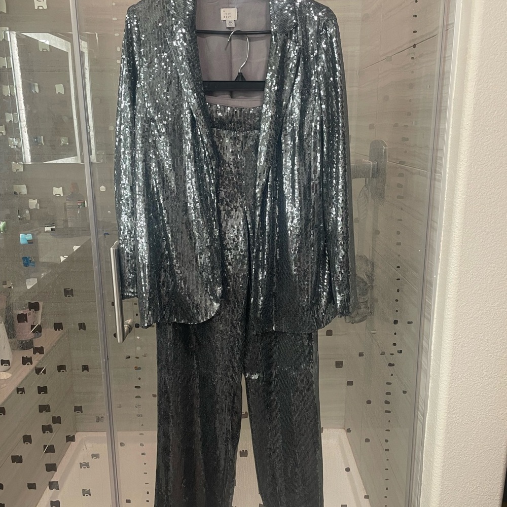 Silver Sequin Blazer and Pants Set